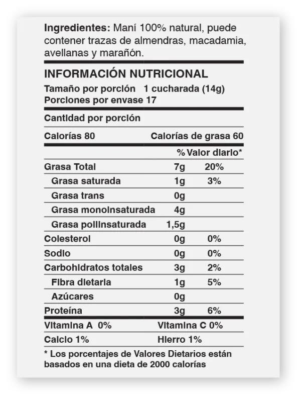 tabla nutricional de crema de mani natural de purisima