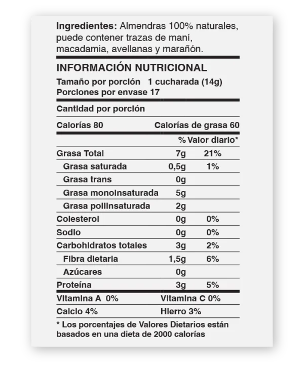 tabla nutricional de crema de almendras natural de purisima