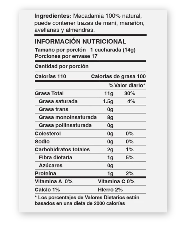 tabla nutricional de crema de macadamia natural de purisima