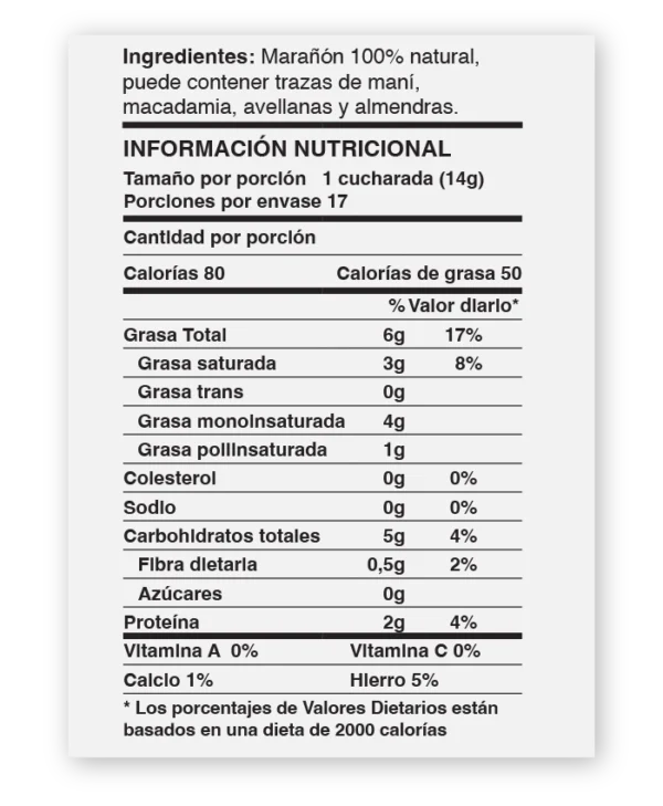 tabla nutricional de crema de marañón natural de purisima